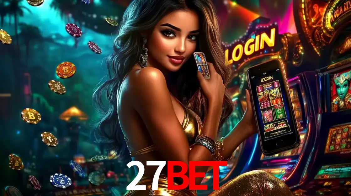 Mulher em um cenário de cassino temático de aventura, mostrando o app de caça-níqueis da 27BET no celular. Fichas de apostas flutuam ao redor.