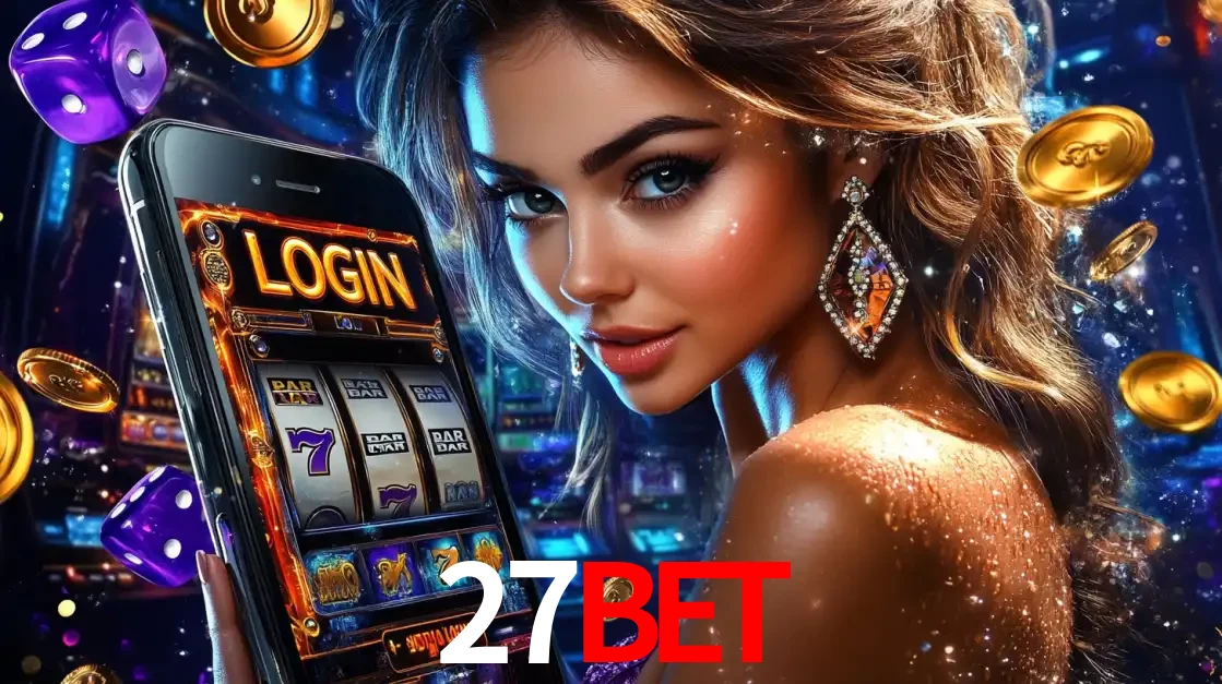 Mulher glamorosa segurando um smartphone com a tela de login para os jogos de caça-níqueis do cassino online 27BET, com moedas de ouro e dados ao redor.
