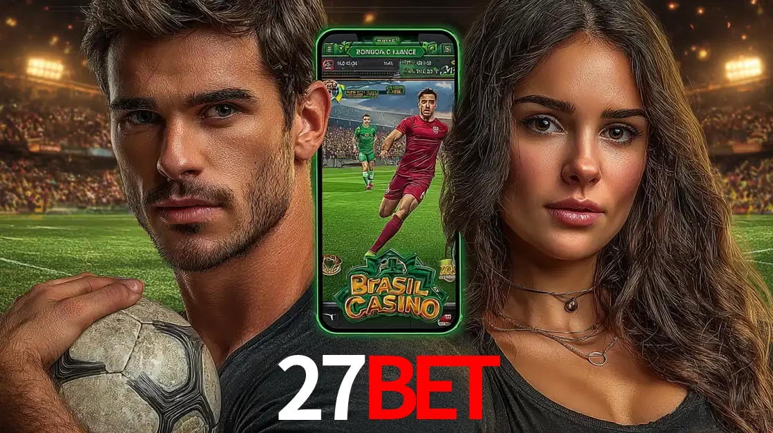 Homem segurando uma bola de futebol e uma mulher ao lado de um smartphone exibindo o jogo de apostas esportivas da 27BET. Faça seu palpite no cassino online.